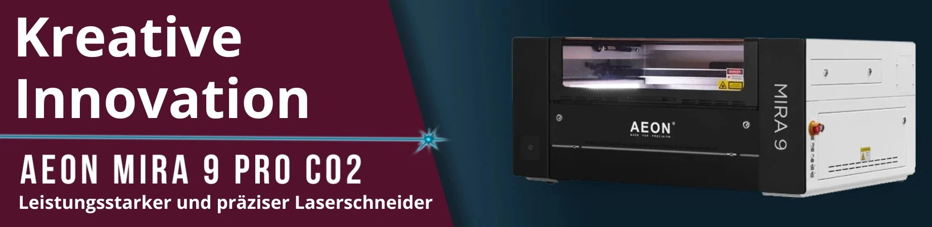 Produktbild: AEON MIRA 9 PRO CO2-Laserschneider mit Slogan ‘Kreative Innovation’ – präzise Lasermaschine für Gravur und Zuschnitt