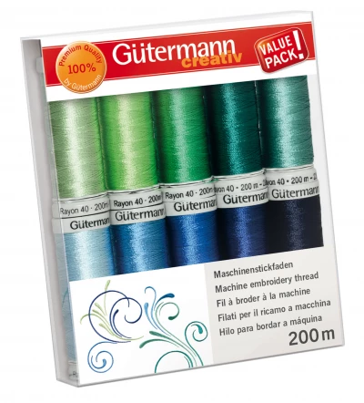 Günstiges Gütermann Stickgarn Set Grüne Blaue Farben - 10 Rollen à 200m Gütermann Stickgarn-Set in Grün- und Blautönen